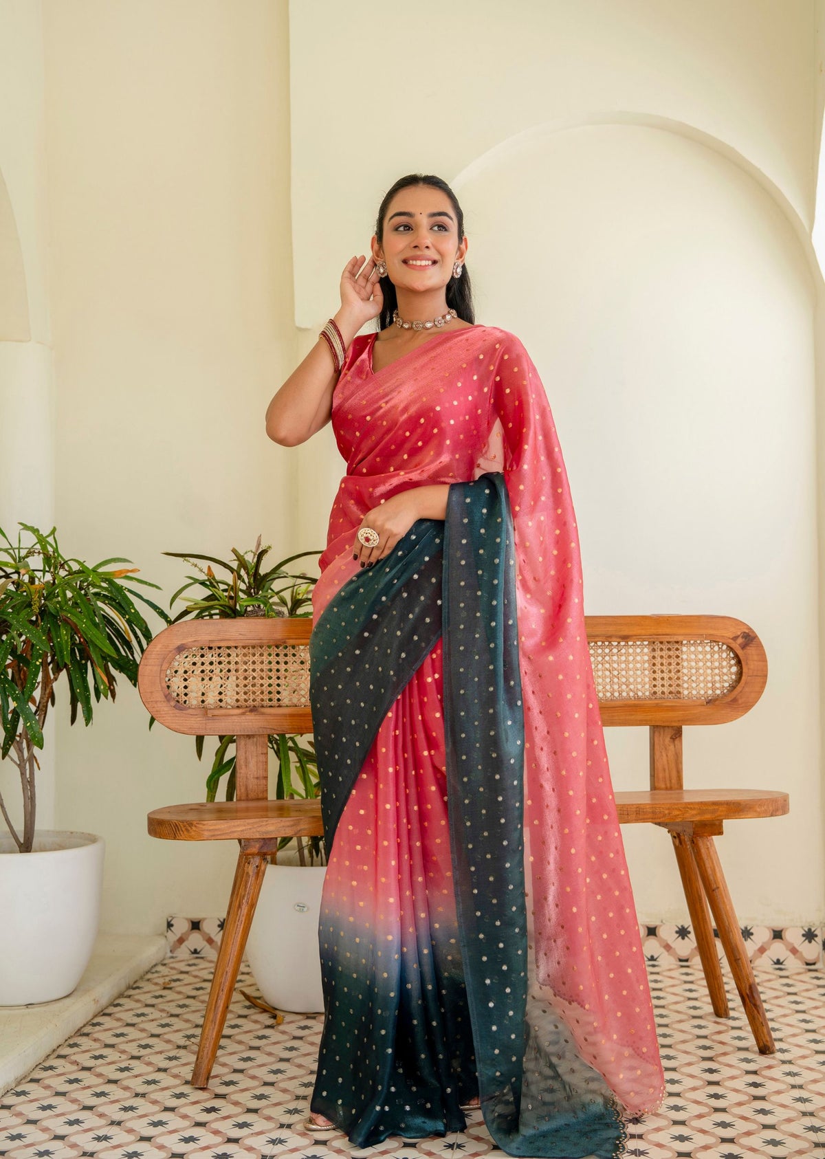 Coral Pink Organza Silk Saree With Sequin Work - Front Look | Buy Online Ethnic9