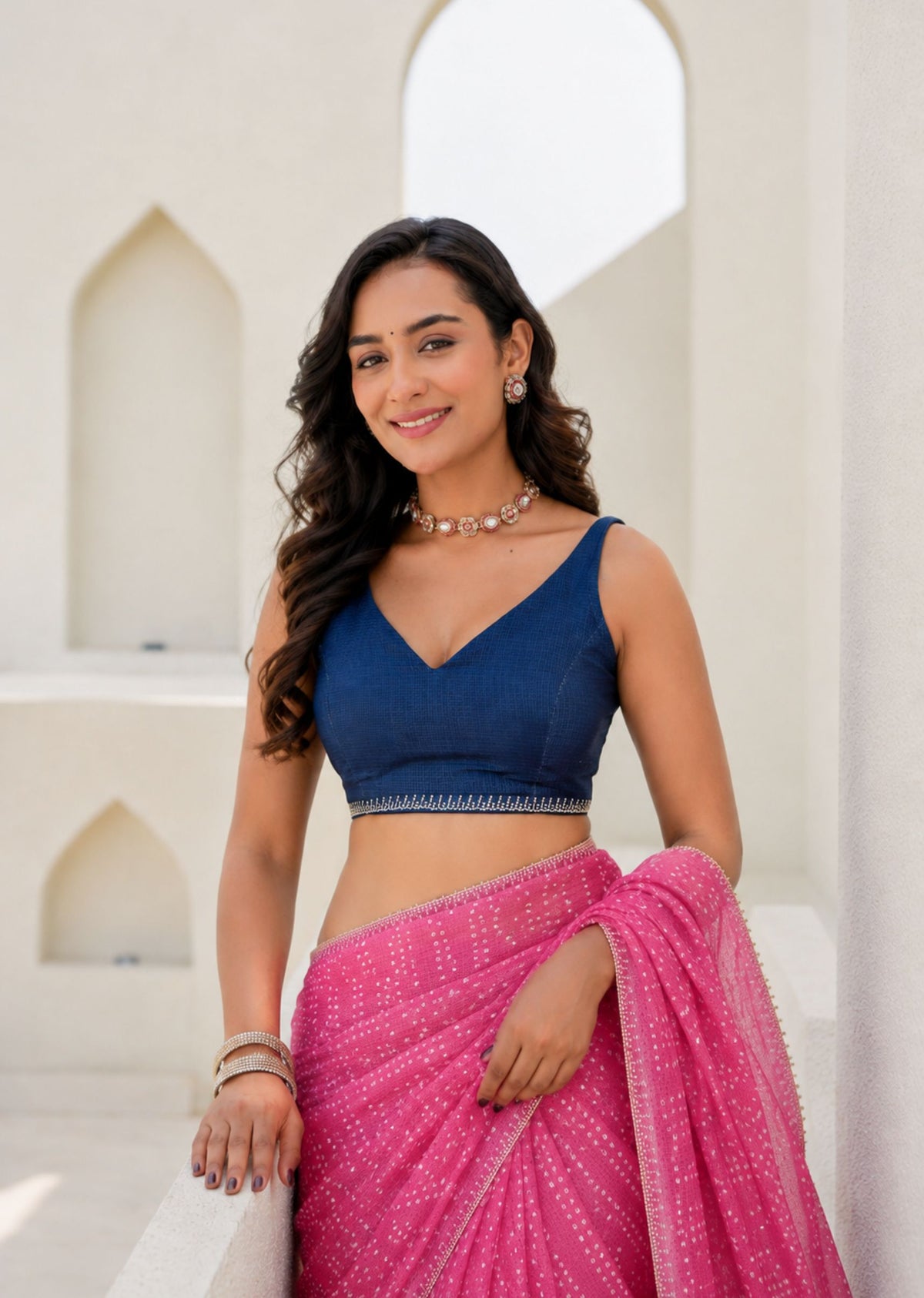 Pink Blue Kota Silk Saree Front Pose - Party Wear Saree