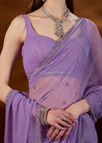 Lavender Purple Chiffon Saree Blouse Close Up - Sequin Floral Design