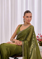 Mehendi Green Italian Silk Saree With Diamond Pattern Border And Bead Motifs