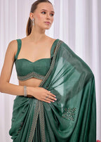 Firozi Italian Silk Saree With Diamond Pattern Border And Bead Motifs