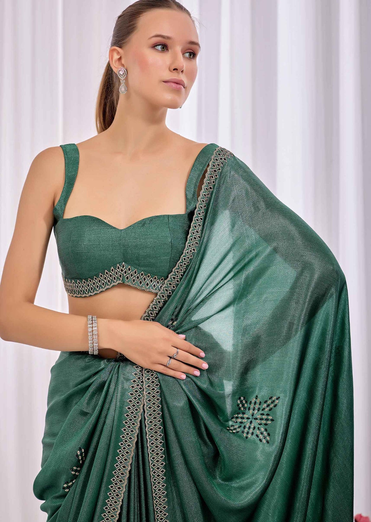 Firozi Italian Silk Saree With Diamond Pattern Border And Bead Motifs