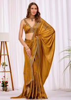 Yellow Italian Silk Saree With Diamond Pattern Border And Bead Motifs
