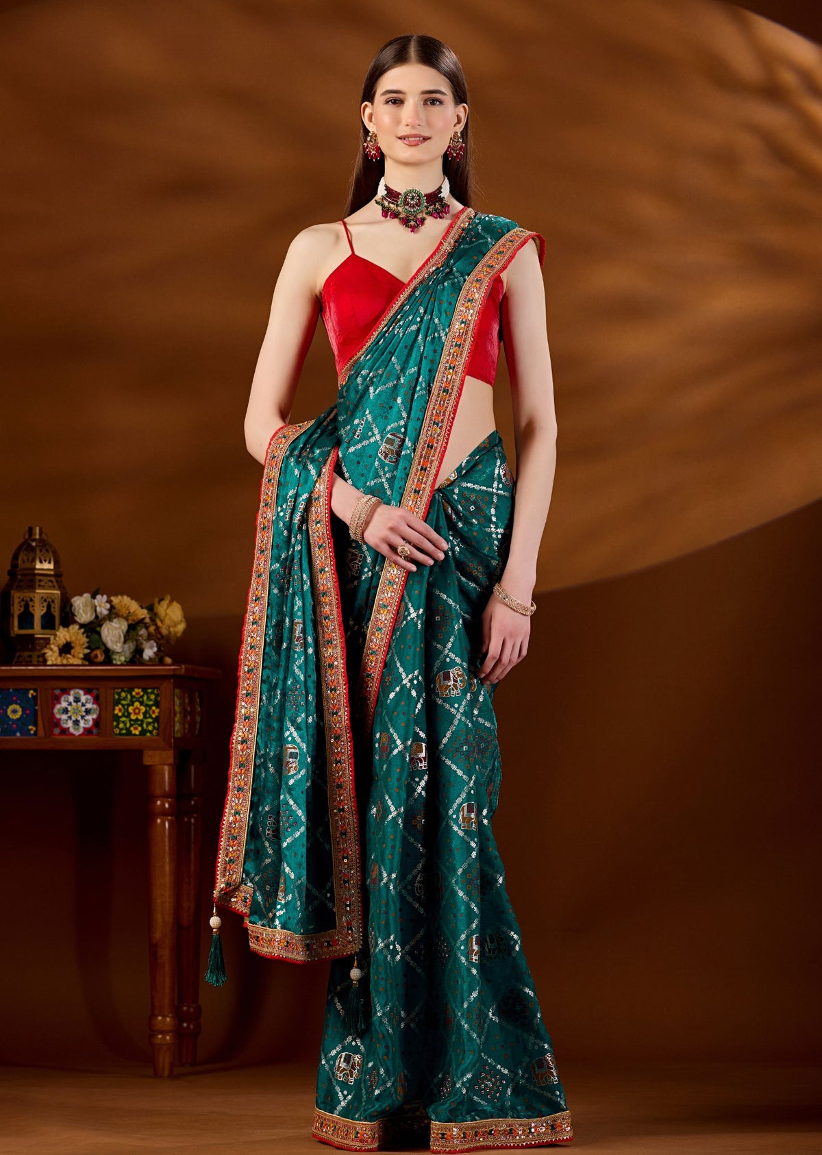 Firozi Art Silk Saree With Elephant Motif Jaal - Front Look | Buy Online Ethnic9