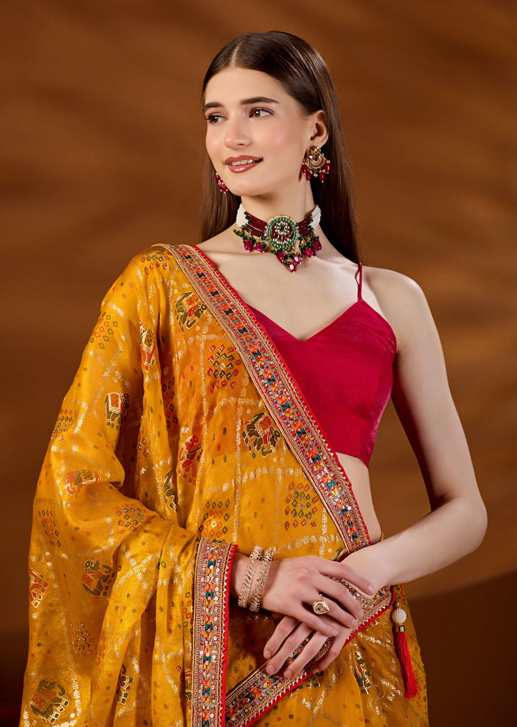 Yellow Art Silk Saree Zari Elephant Motif - Close Up Pose