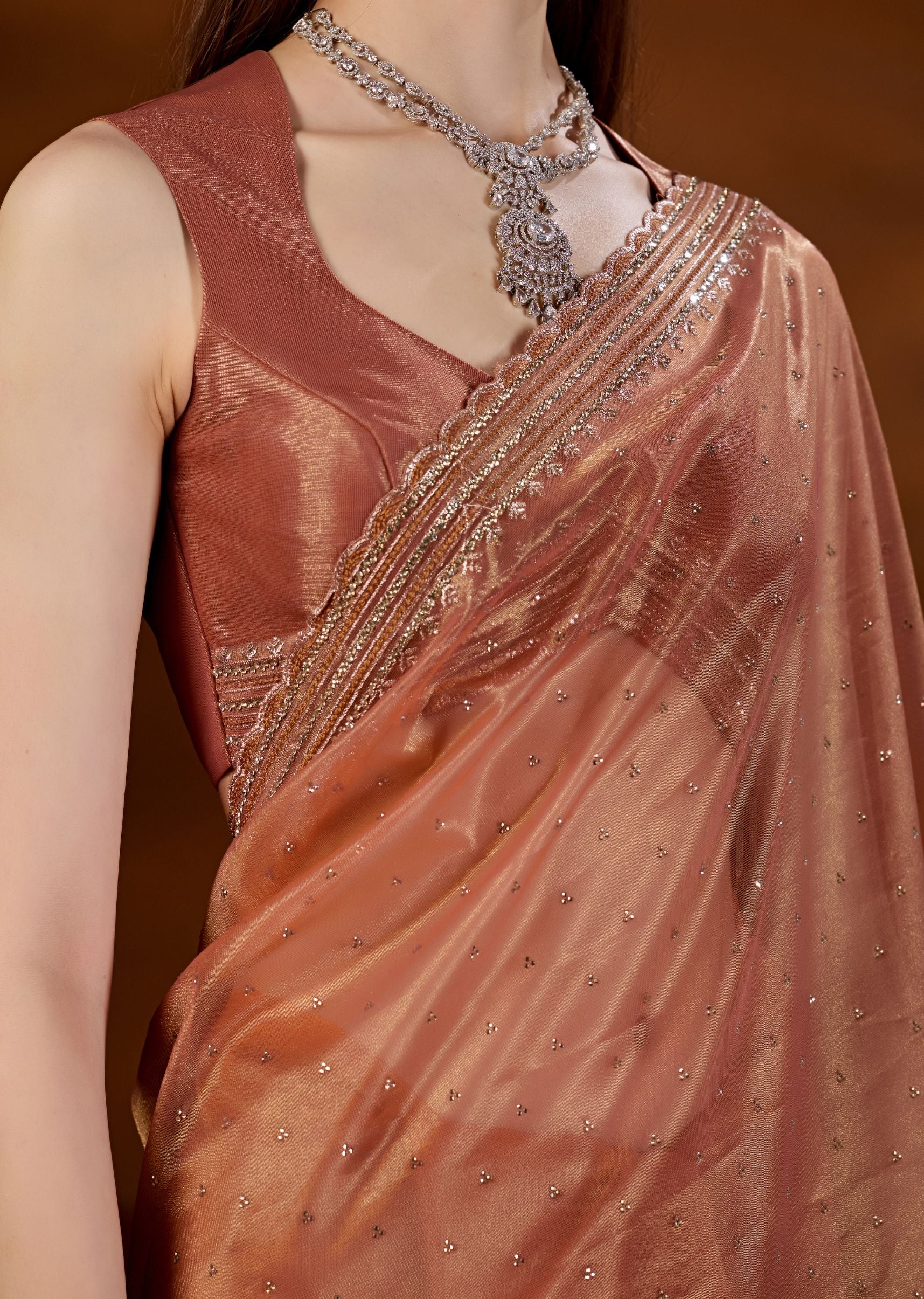 Peach Orange Tissue Saree Scalloped Zari Border Close Up - Blouse Design
