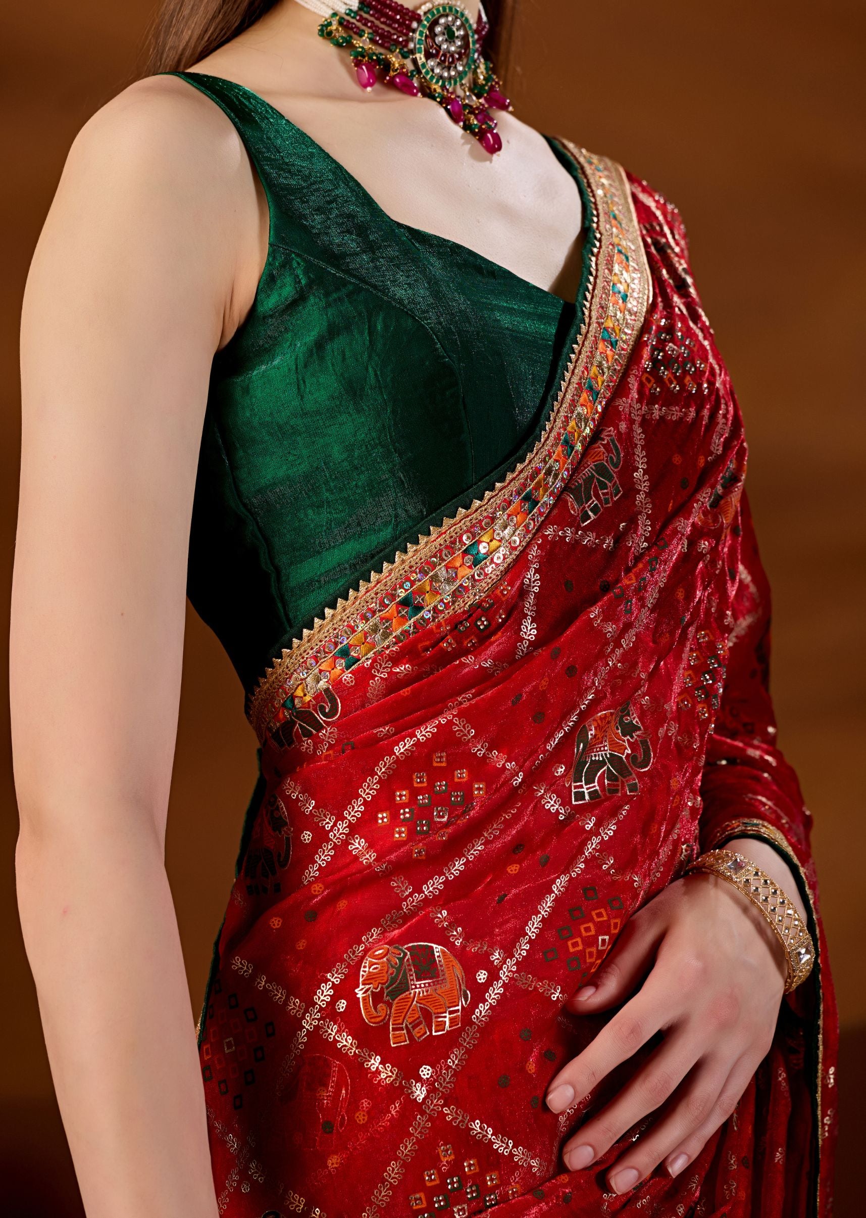 Red Art Silk Saree Zari Elephant Motif - Close Up Pose