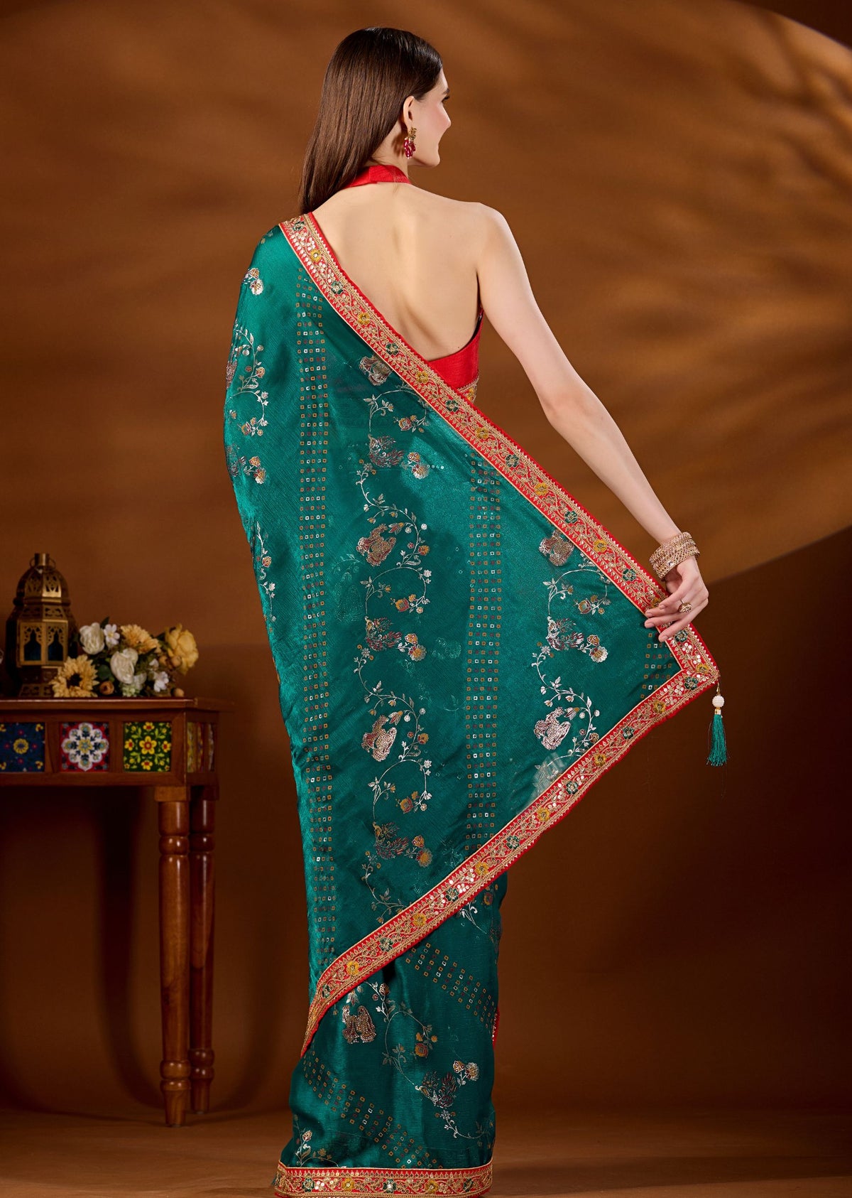 Firozi Art Silk Saree Draped Look - Zari Peacock Floral Jaal Detail
