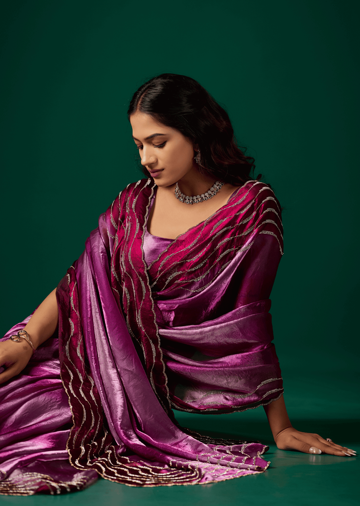 Purple Italian Silk Saree Wavy Diamond Work - Seated Pose