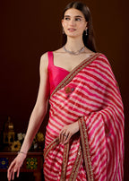 Red Pink Silk Saree Floral Booti Sequin Border Close Up