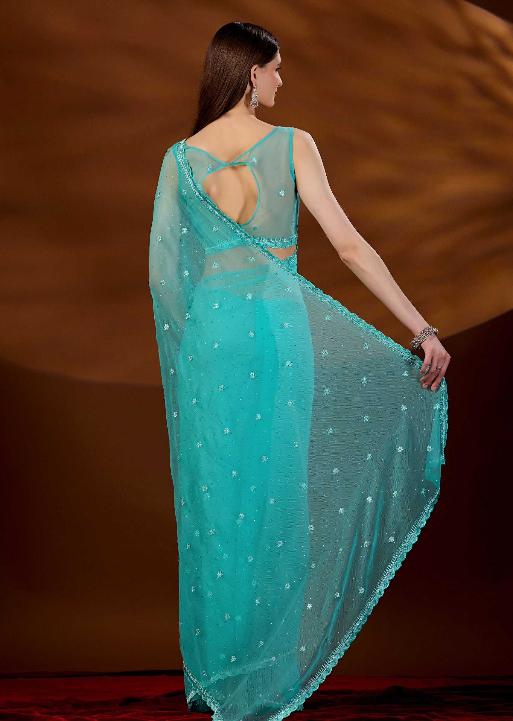 Firozi Chiffon Saree Draped Look - Scattered Sequin Detail