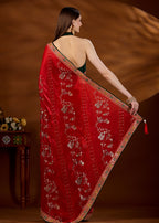Red Art Silk Saree Back Pose - Zari Peacock Floral Jaal Detail