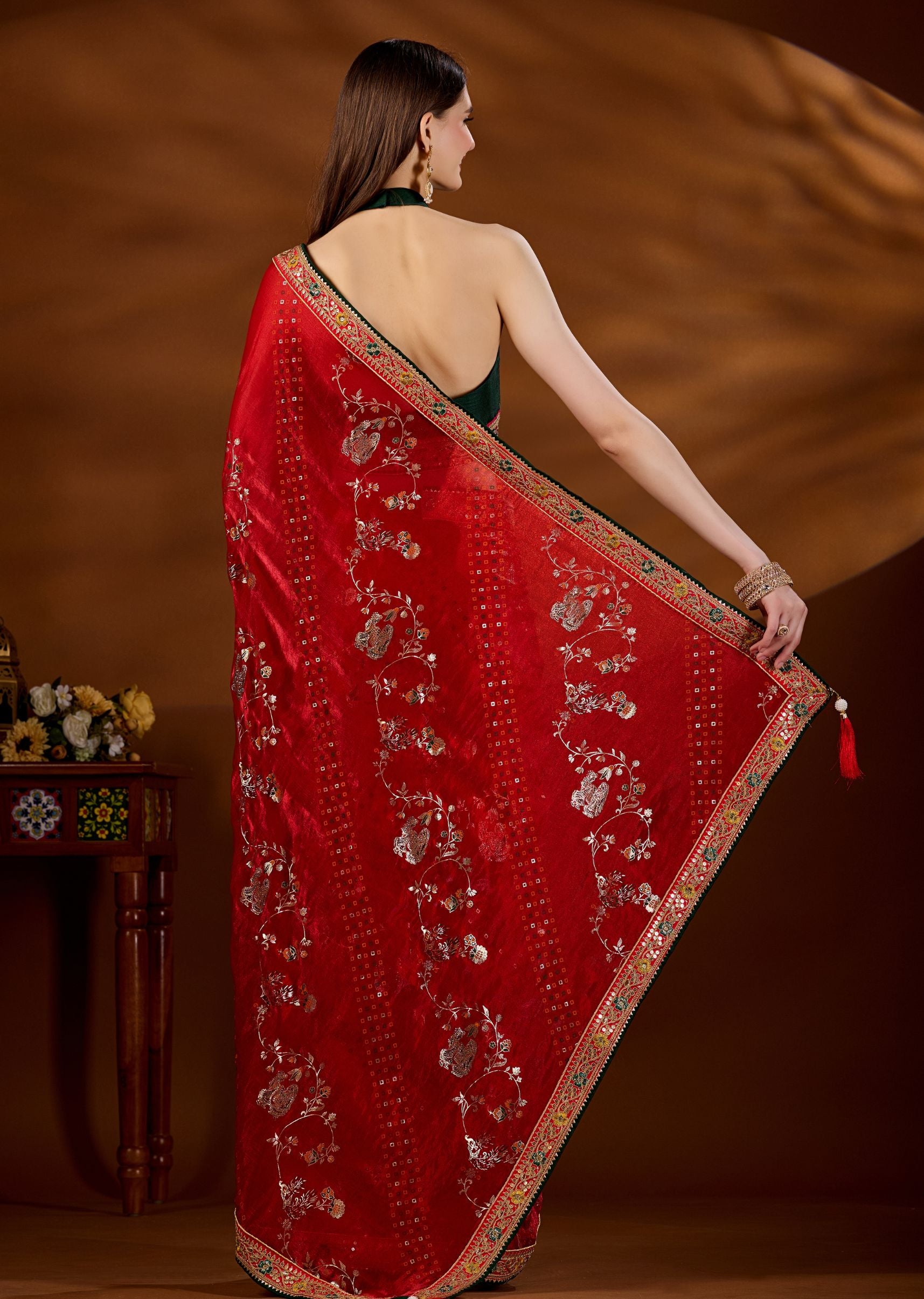Red Art Silk Saree Back Pose - Zari Peacock Floral Jaal Detail