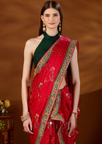 Pink Art Silk Saree Zari Peacock Floral Jaal - Close Up Pose