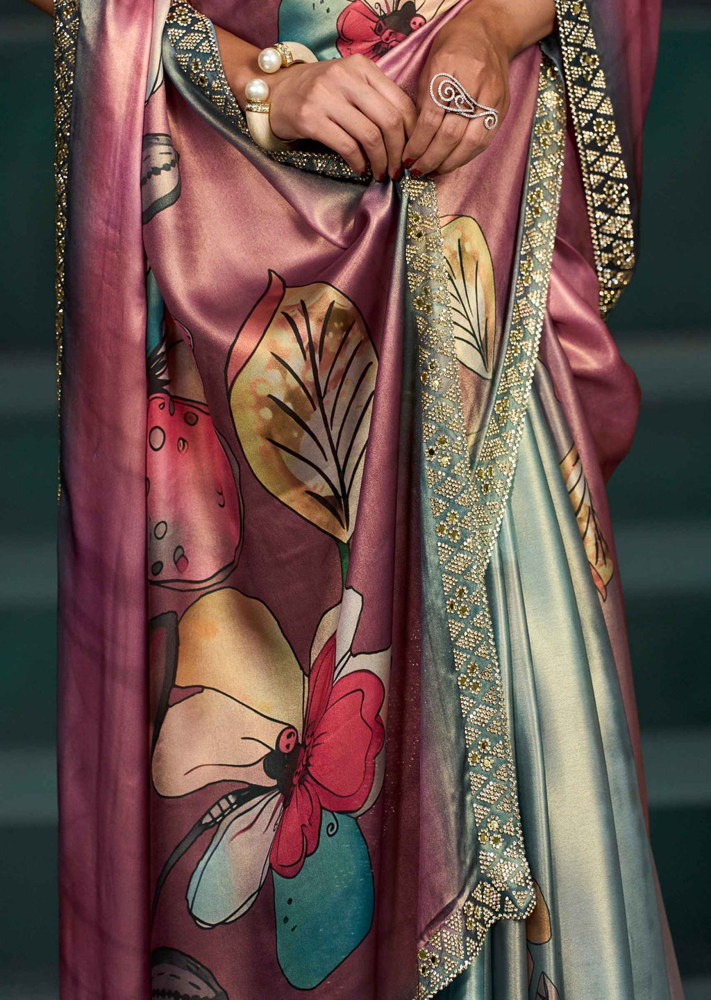 Pink Ombre Floral Printed Satin Silk Saree With Embellished Border