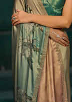 Green Ombre White Floral Printed Satin Silk Saree With Embellished Border
