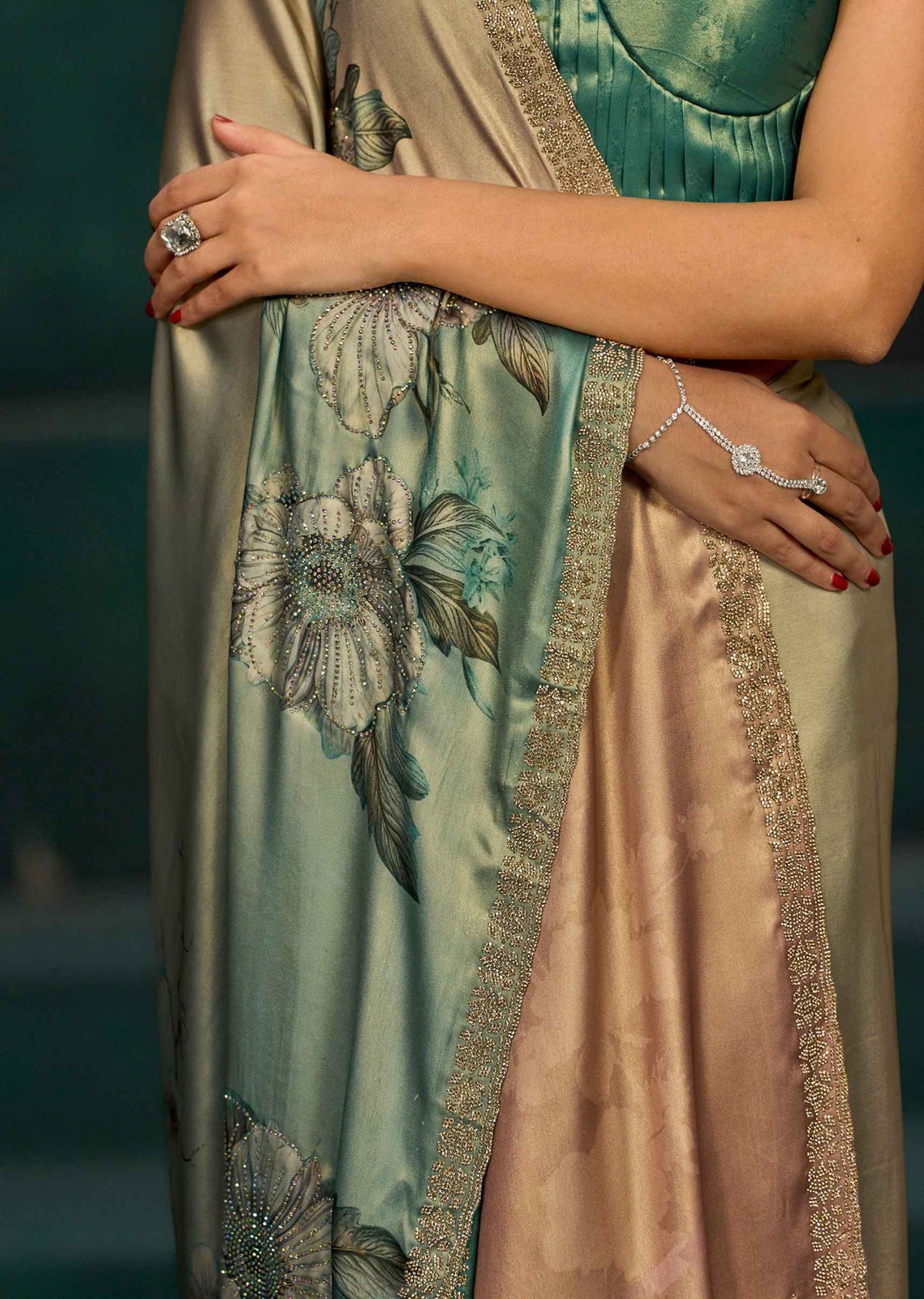 Green Ombre White Floral Printed Satin Silk Saree With Embellished Border