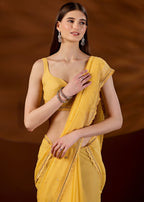 Yellow Chiffon Saree Draped Pose - Scalloped Border Detail