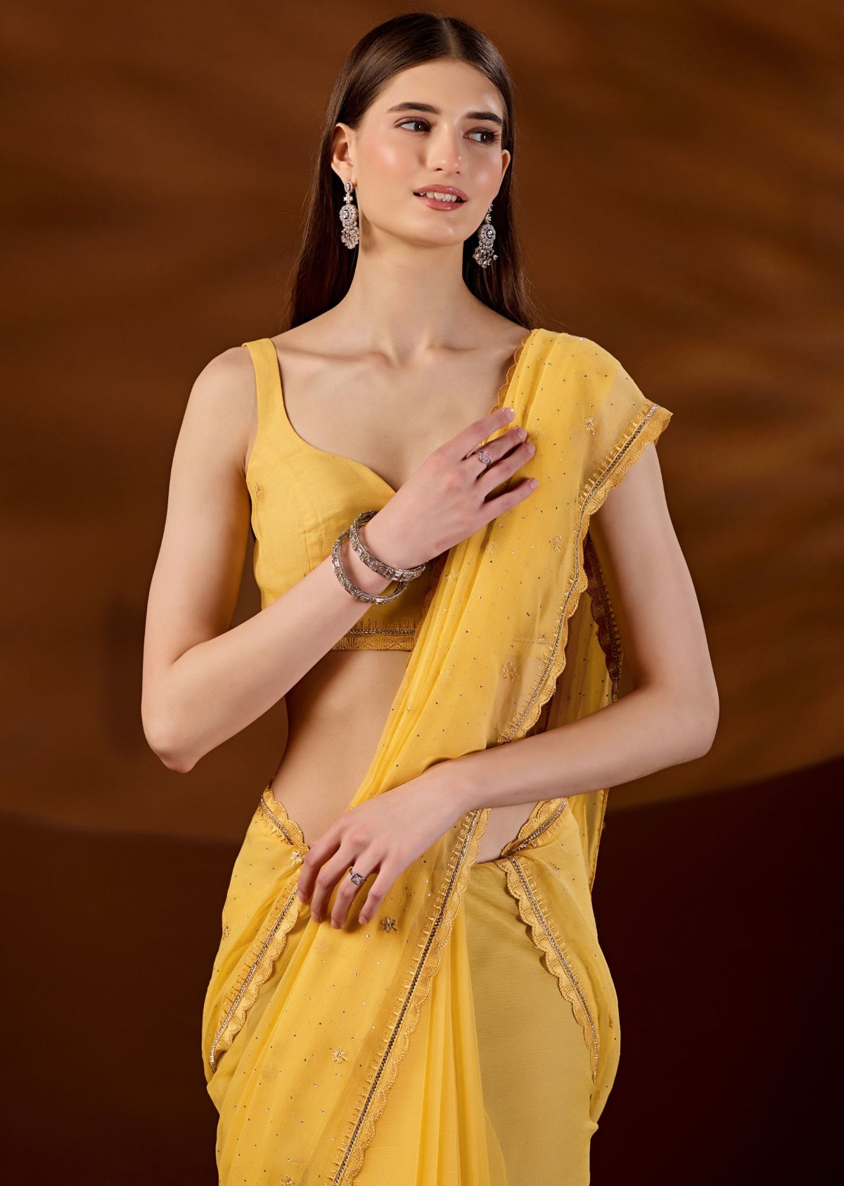 Yellow Chiffon Saree Draped Pose - Scalloped Border Detail