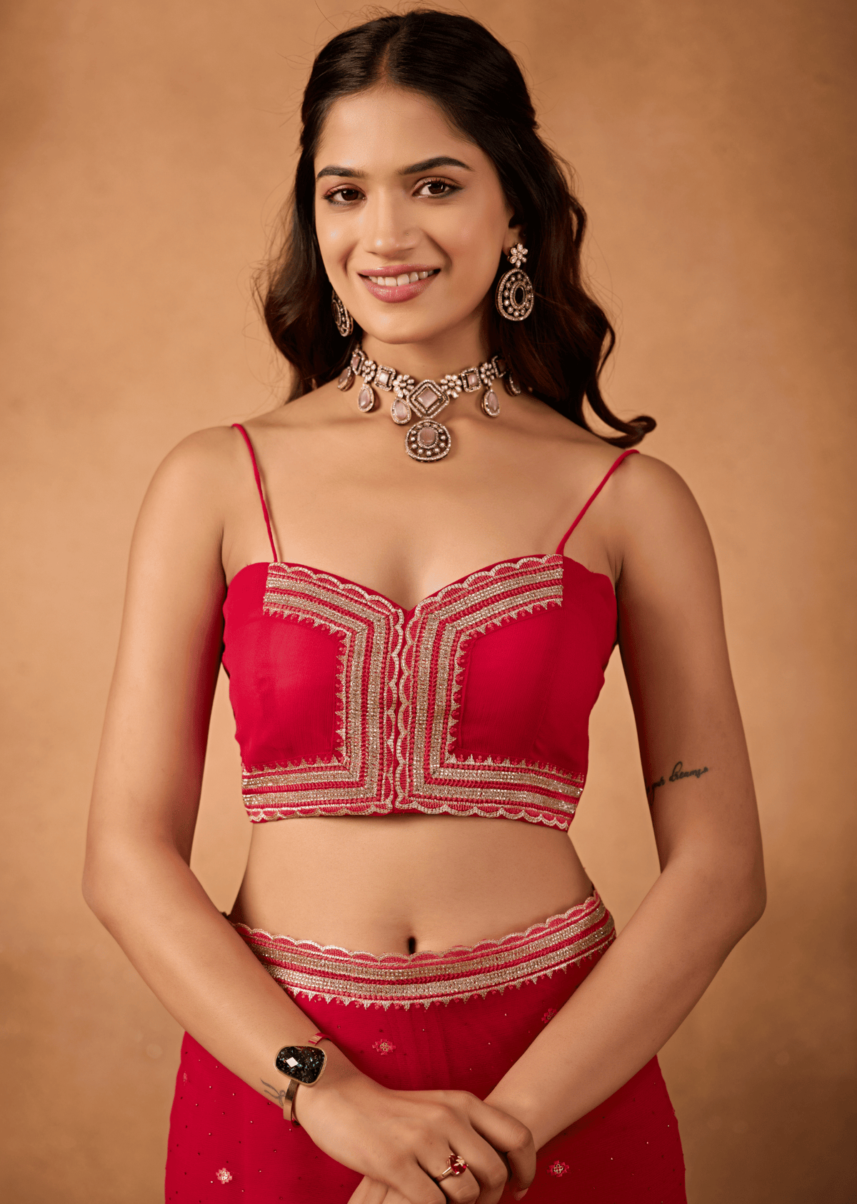 Red Chiffon Saree With Matching Blouse - Sequin Embroidery Design
