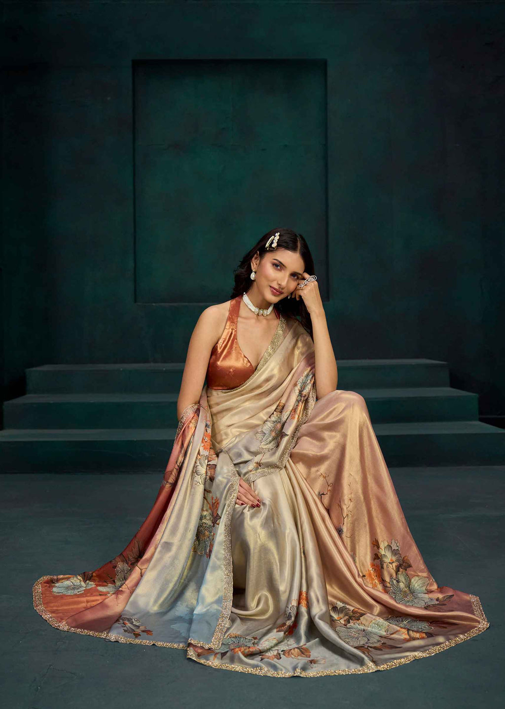 Orange Ombre Floral Printed Satin Silk Saree With Embellished Border