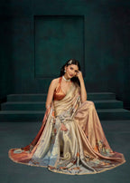Orange Ombre Floral Printed Satin Silk Saree With Embellished Border