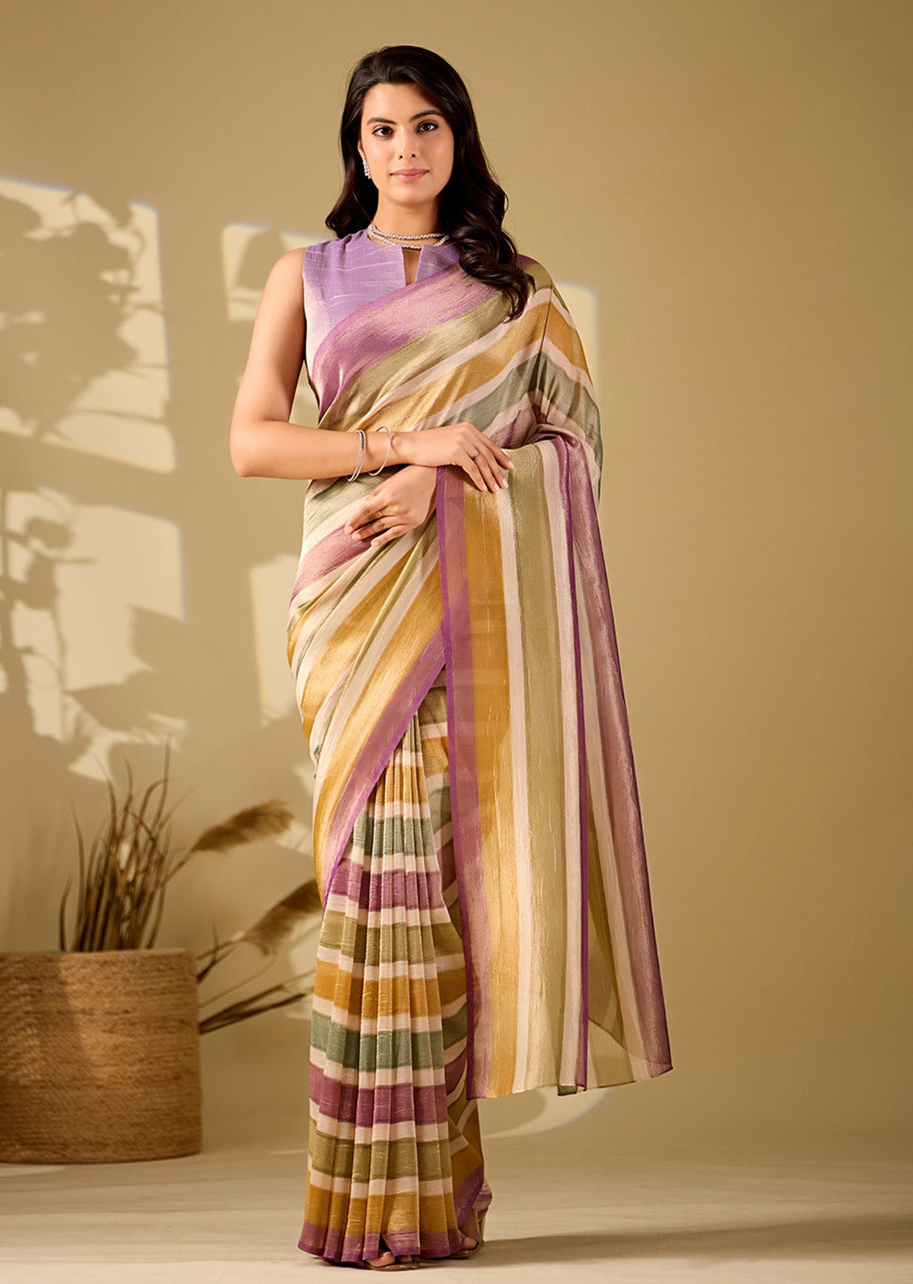 purple multicolor striped tissue silk saree full length view