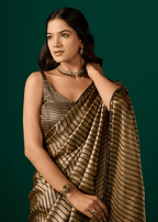 Gold Italian Silk Saree Diamond Border - Seated Pose