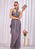 Purple Italian Silk Saree With Diamond Pattern Border And Bead Motifs
