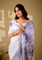 blue tiger print italian silk saree close pose with pallu