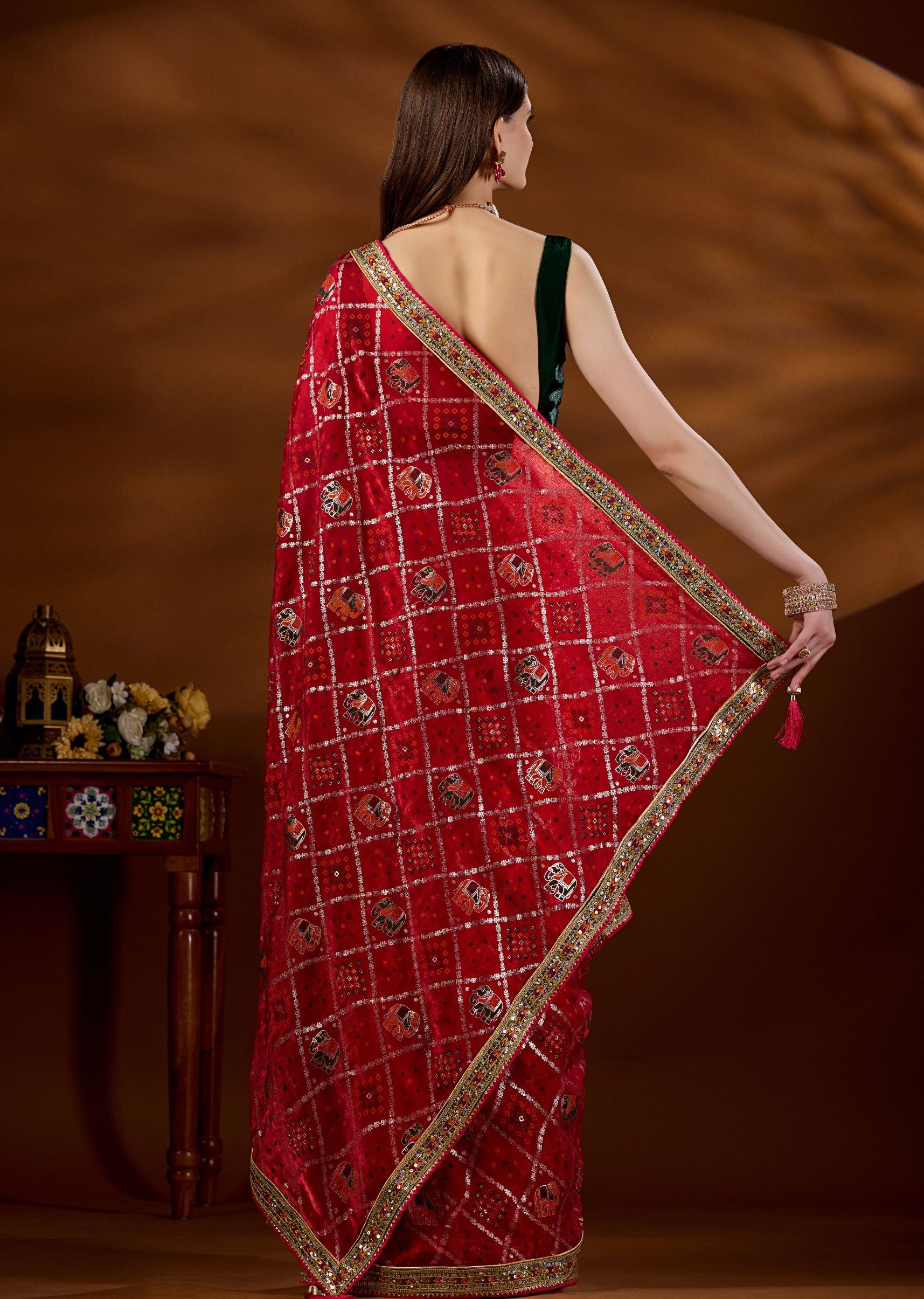 Pink Art Silk Saree Draped Look - Zari Elephant Motif Detail