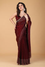 Marun stone work soft silk saree