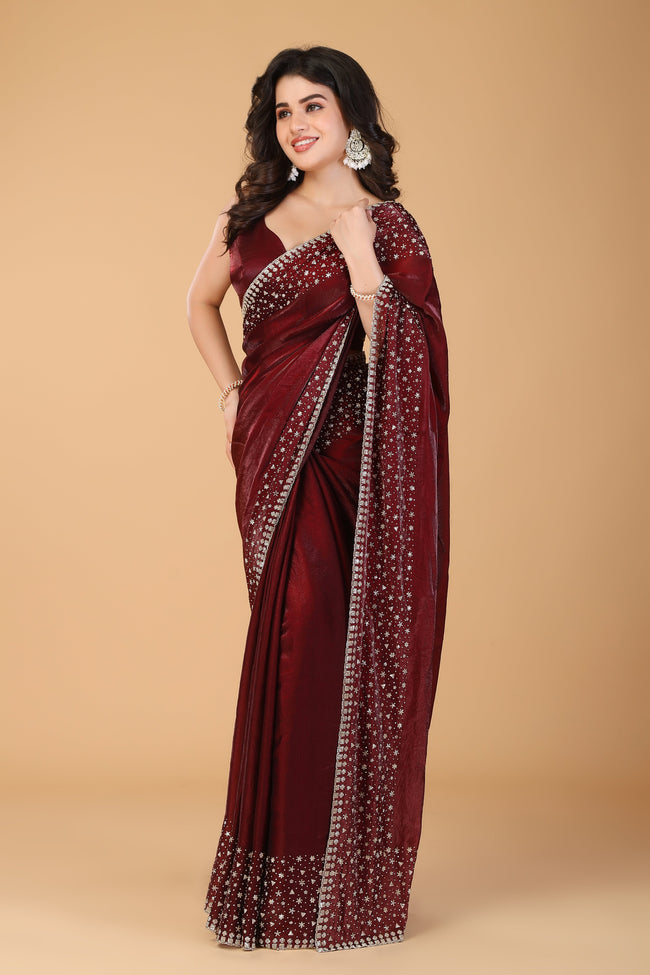 Marun stone work soft silk saree Main Image