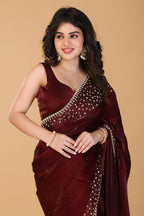 Marun stone work soft silk saree