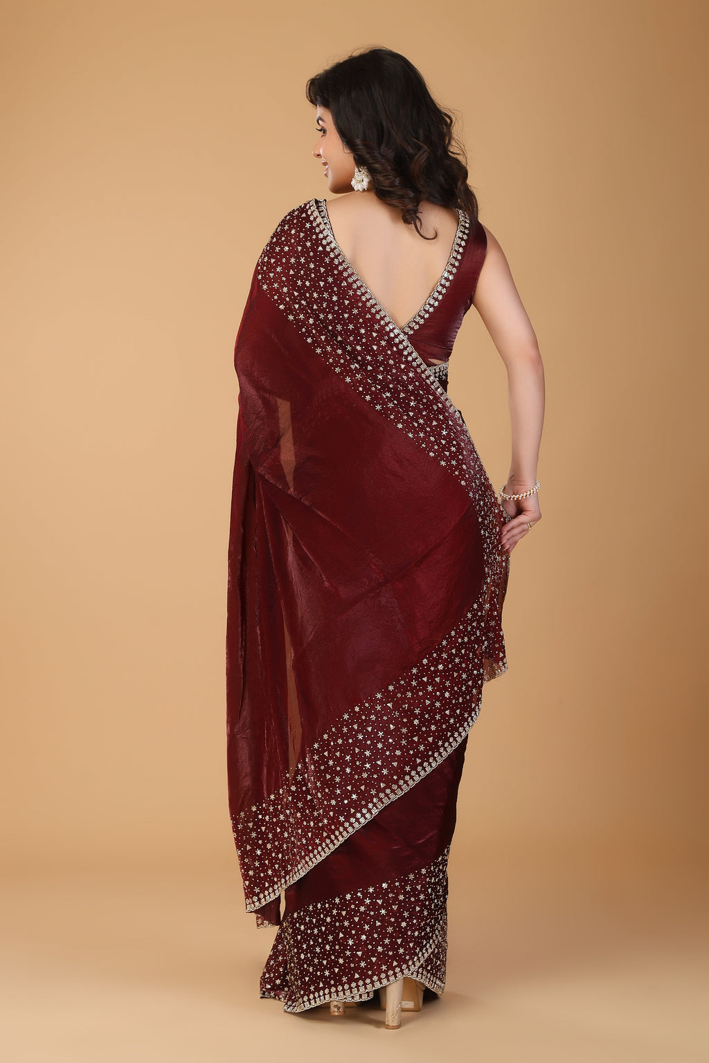 Marun stone work soft silk saree