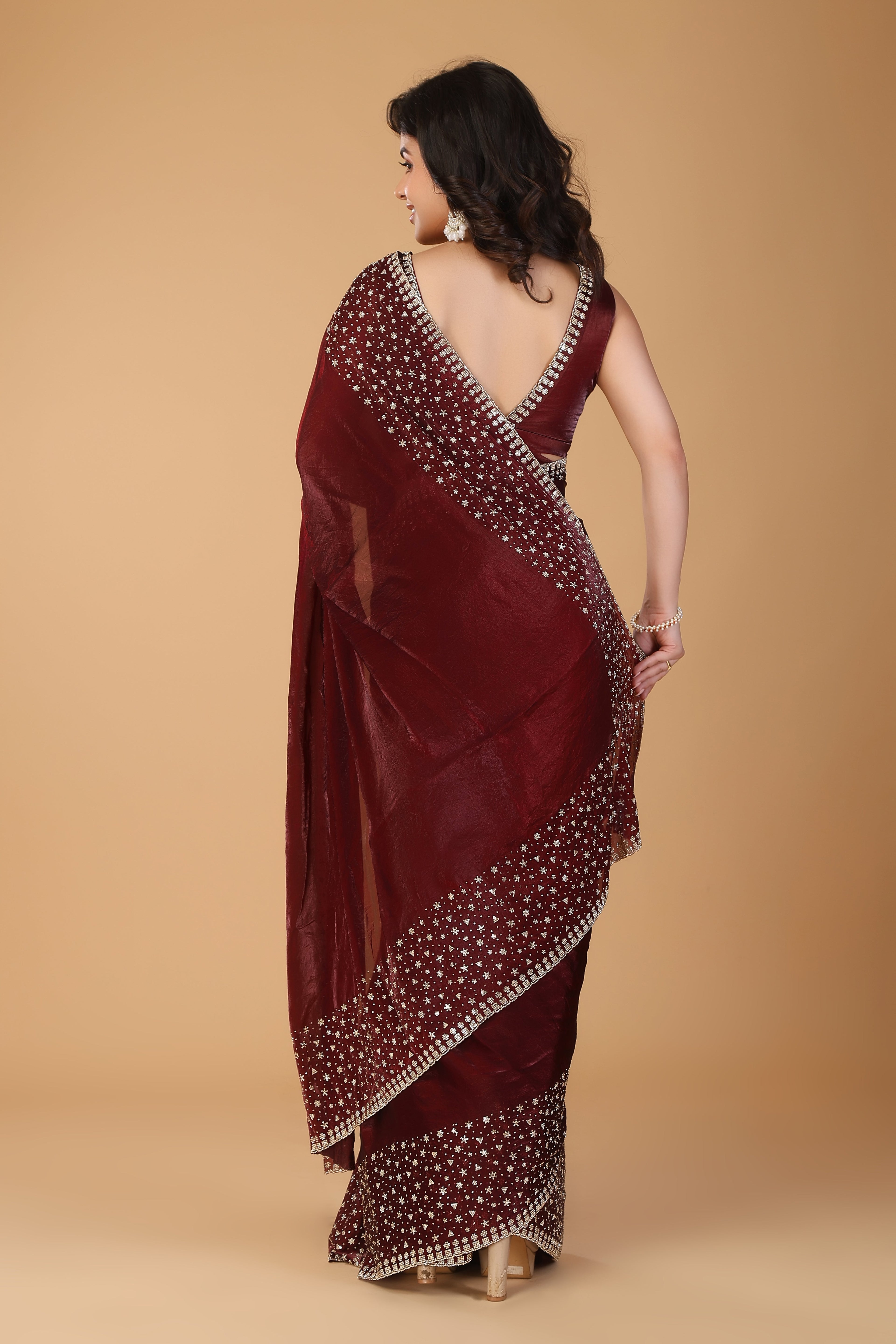 Marun stone work soft silk saree