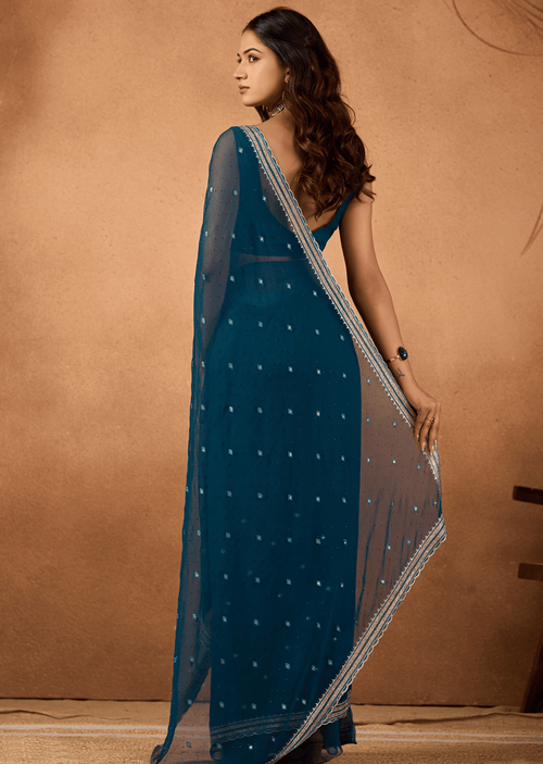Blue Chiffon Saree Draped Look - Sequin Embroidery Detail