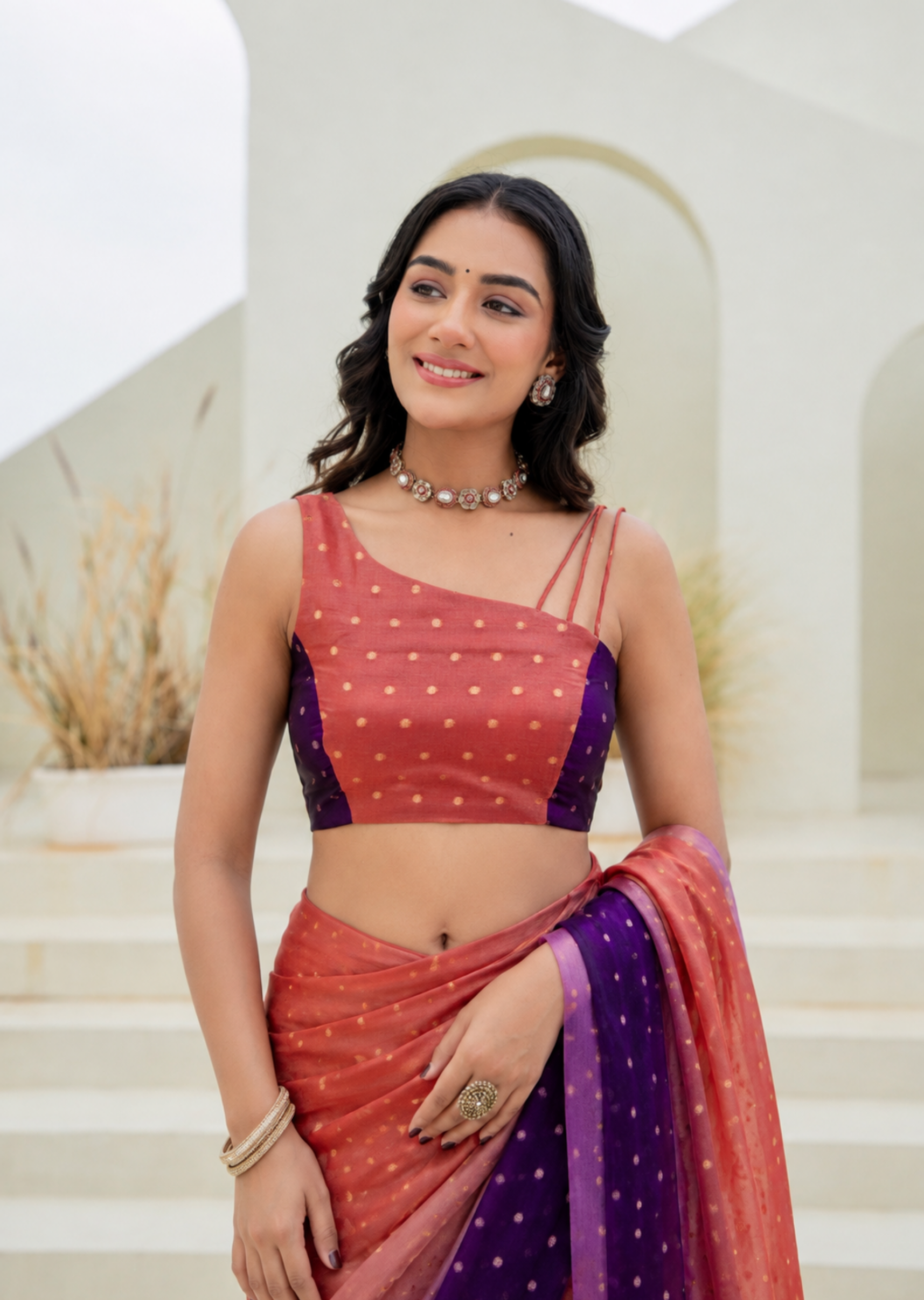 Orange Purple Organza Silk Saree Outdoor Styled Look - Festive Wear Saree