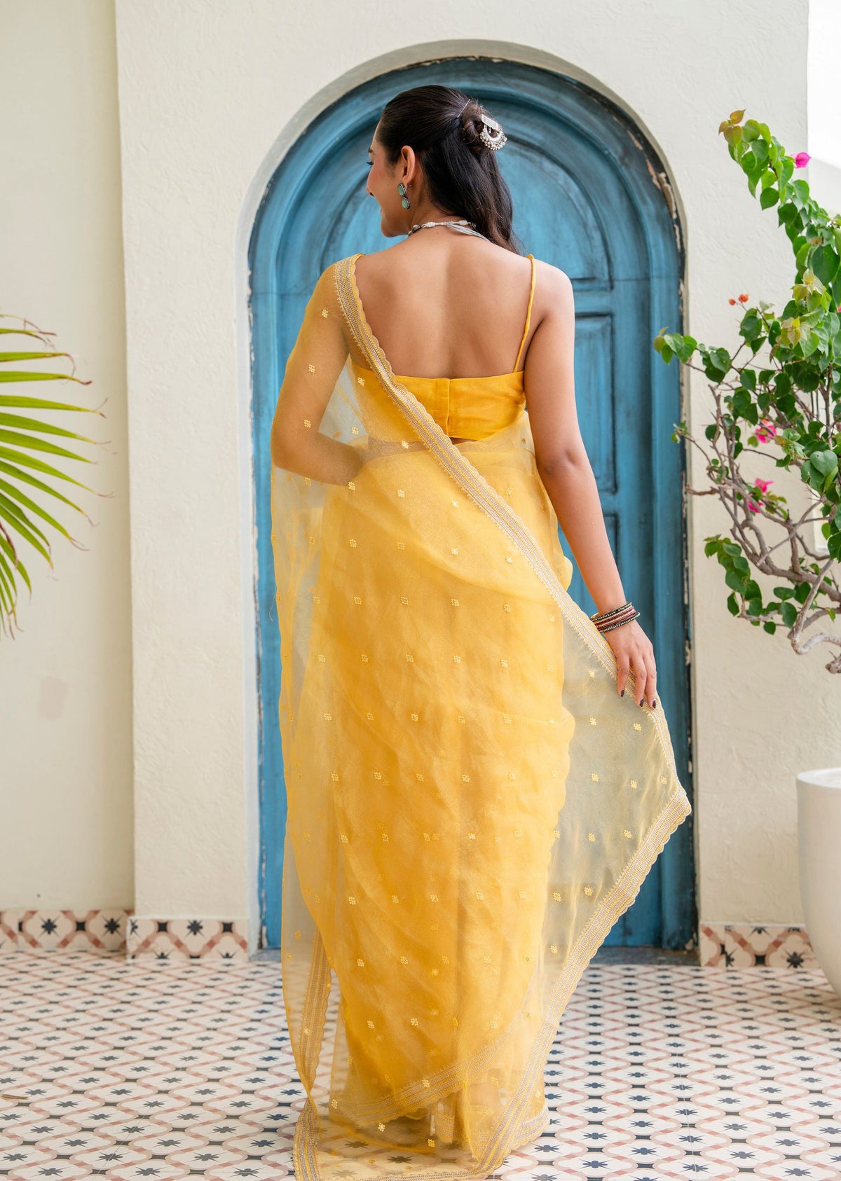 Yellow Tissue Silk Saree Outdoor Styled Look - Festive Wear Saree