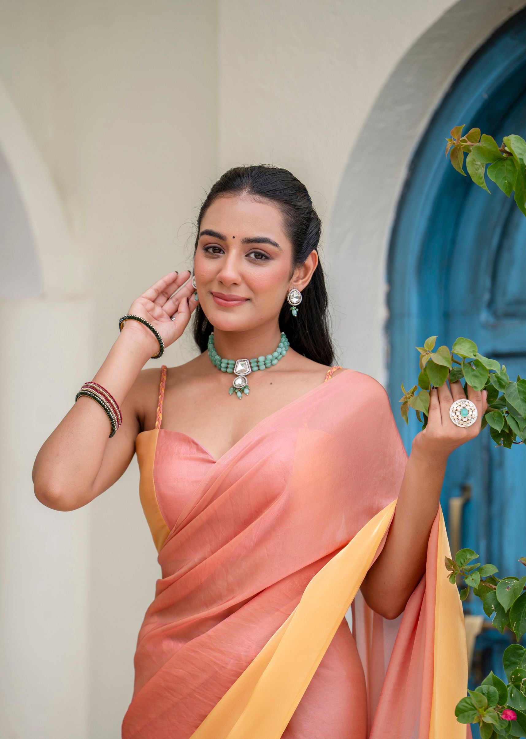 Peach Orange Organza Saree Draped Look - Yellow Contrast Border Detail