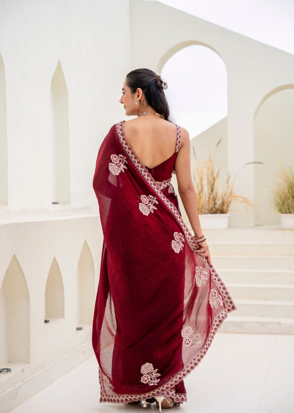 Purple Italian Silk Saree Draped Look - Floral Embroidery Detail