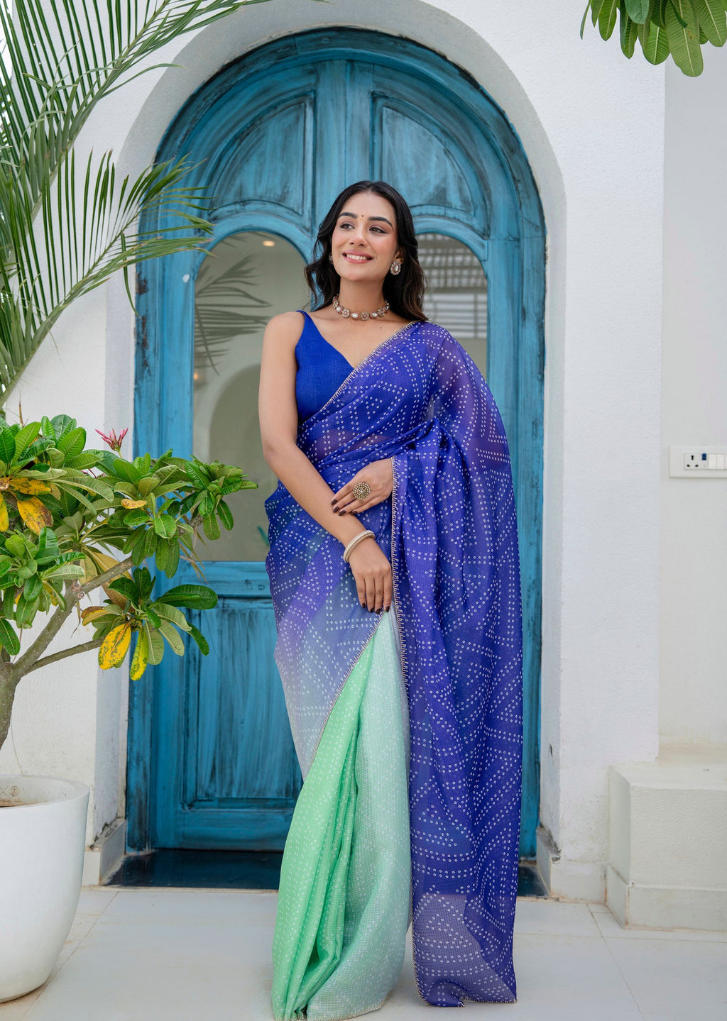 Blue and mint green ethnic saree with lightweight Kota Doria weave