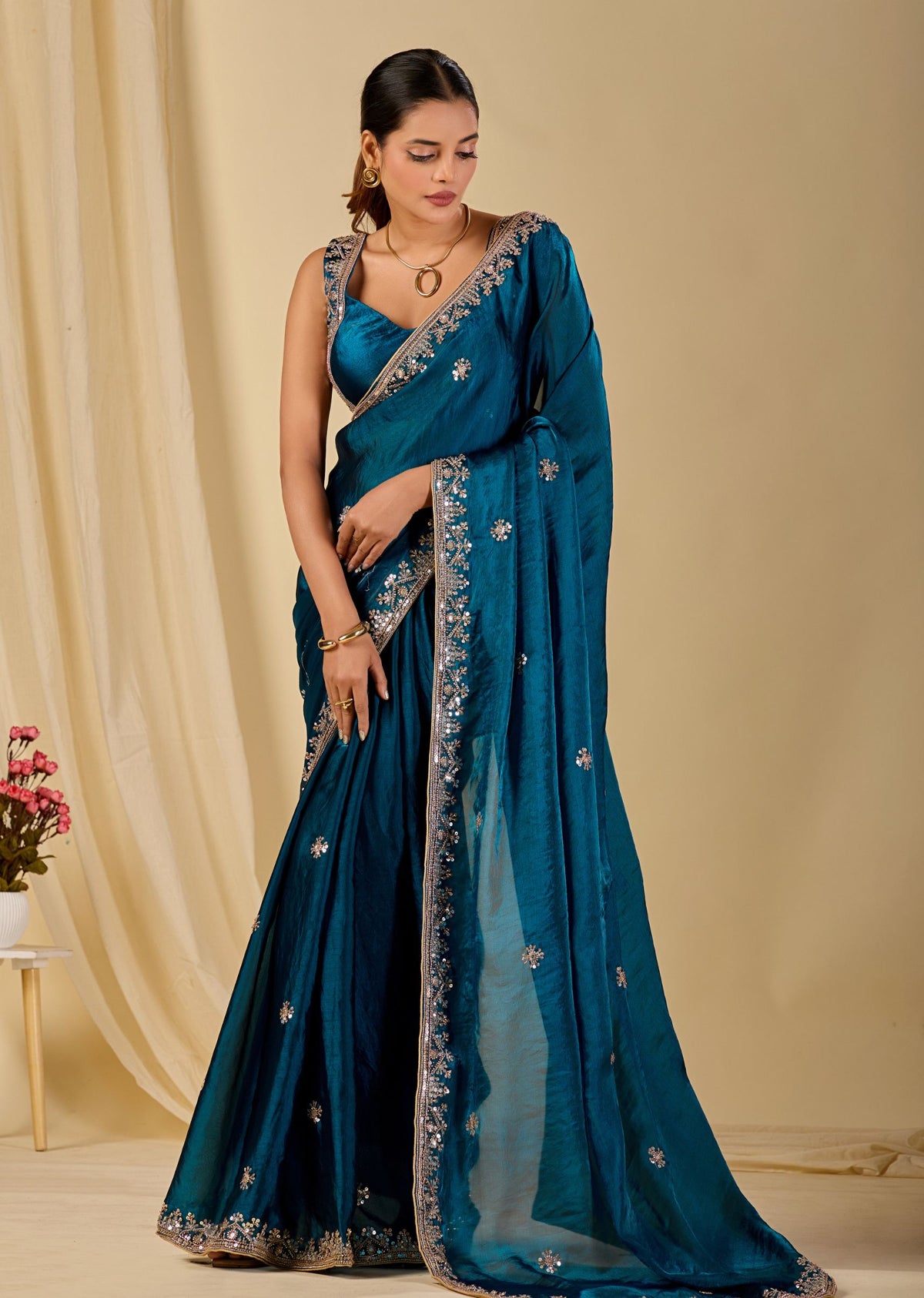 Teal Blue Italian Silk Saree With Embroidery Work