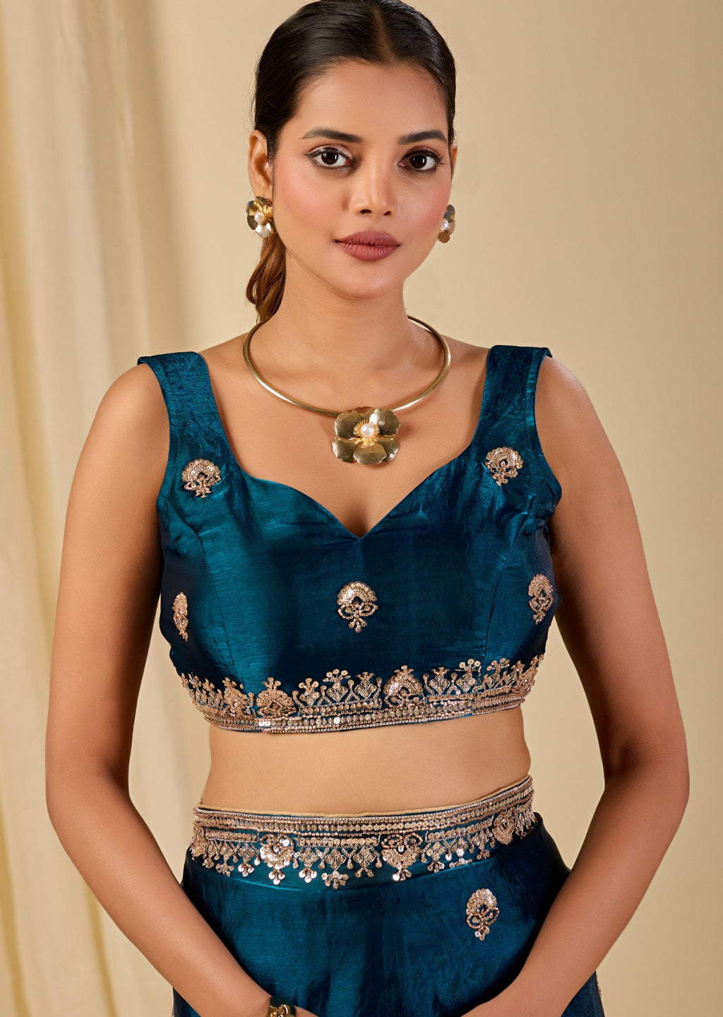 Teal Blue Italian Silk Saree Standing Pose - Festive Wear Saree