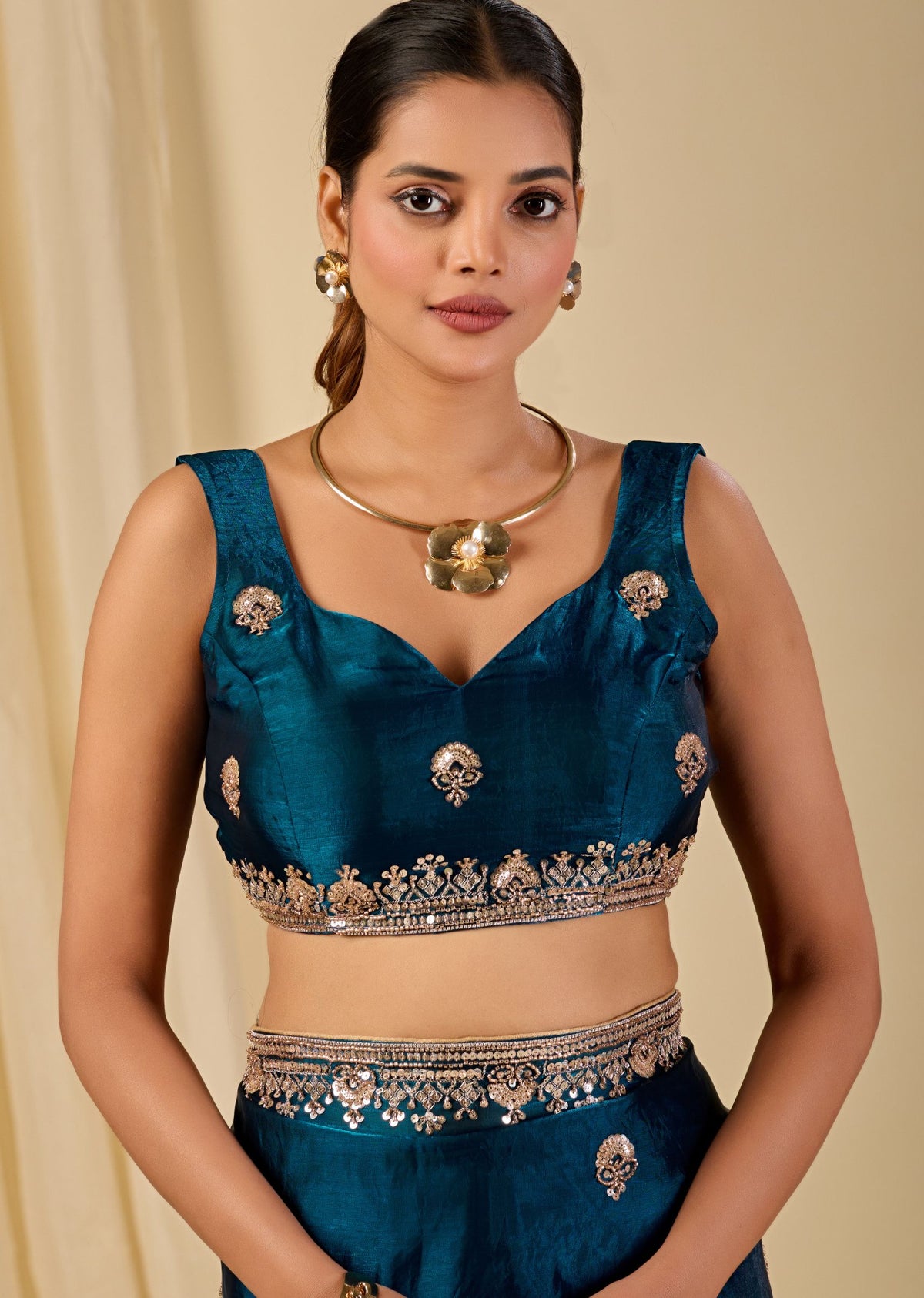 Teal Blue Italian Silk Saree Standing Pose - Festive Wear Saree