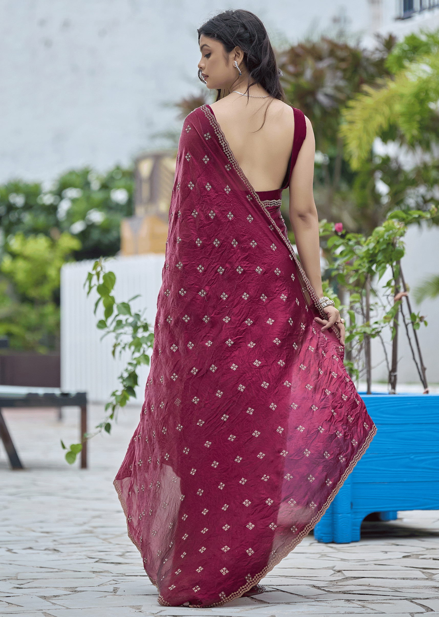 Maroon Italian Silk Saree Draped Look - Diamond Stone Motif Detail