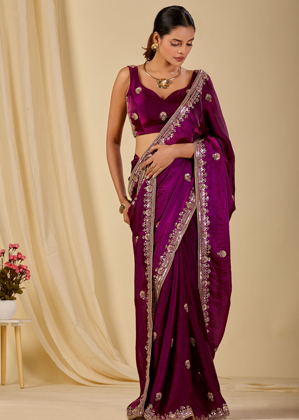 Wine Purple Italian Silk Saree Standing Pose - Festive Wear Saree