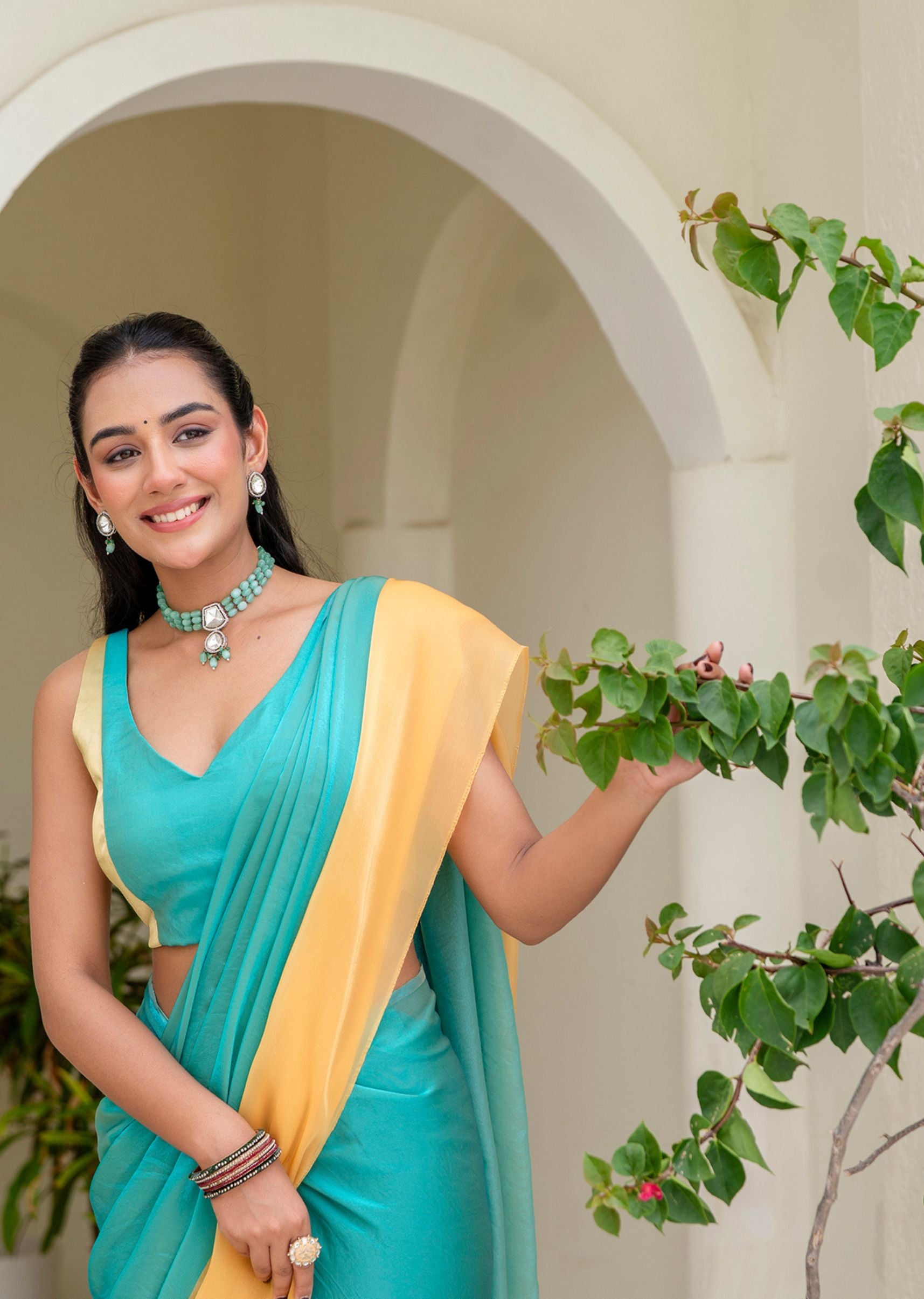 Sky Blue Organza Saree Draped Pose - Party Wear Saree