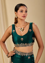 Teal Italian Silk Saree Blouse Close Up - Embroidery Design