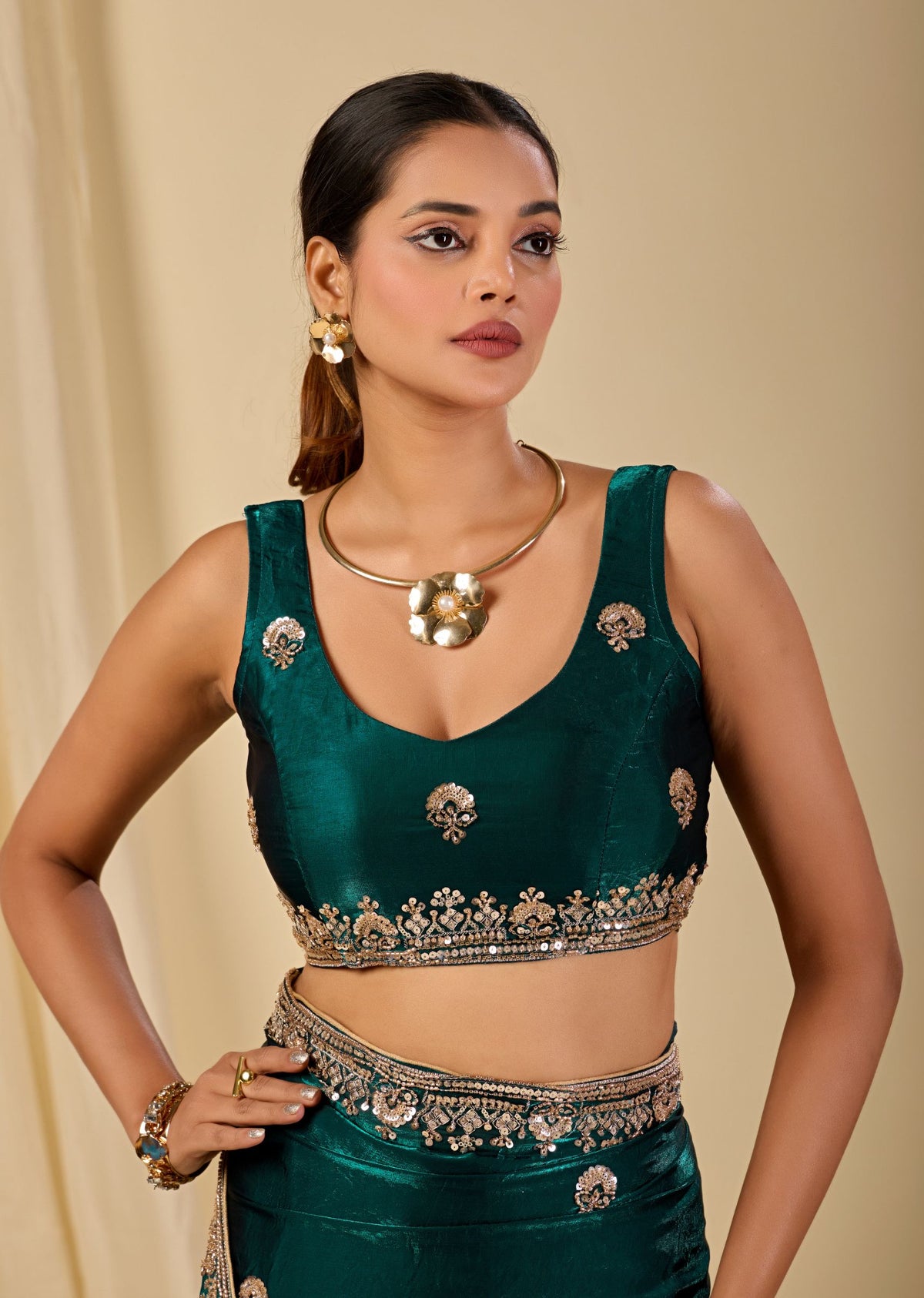 Teal Italian Silk Saree Blouse Close Up - Embroidery Design